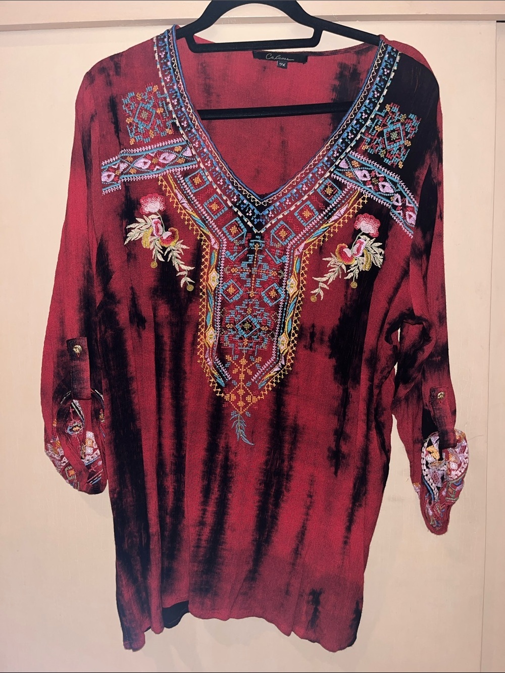 Calessa Boho Embroidered Red Tie-Dye Blouse / Tunic